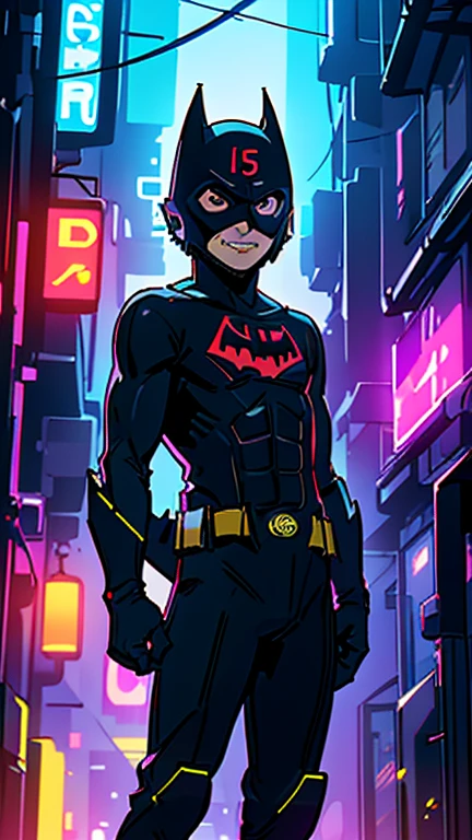 best quality,masterpiece,1boy,solo,(((13years old))),japanese boy,an extremely cute and handsome boy,highly detailed beautiful face and eyes,petit,cute face,lovely face,baby face,shy smile,show teeth, Black hair,Short hair,flat chest,skinny,slender,(((wearing a Batman Beyond costume, Black superhero helmet, Black superhero mask))),(((standing in Dark Midnight Neon Glow light Cyberpunk metropolis city))),he is looking at the viewer,