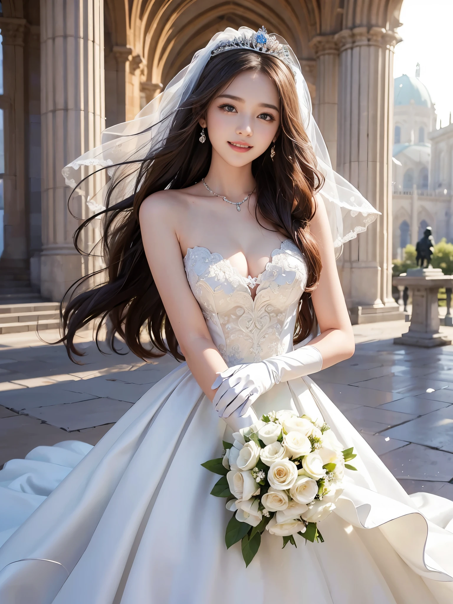 best quality, masterpiece, 1 girl, 5 fingers, long hair, huge laugh, cute , shiny lips, sweet, sun glare, Conservative attire, white gloves, bouquet, bell-line wedding dress, bridal tiara, depth of field, blurred background, Cathedral Background, light particles, strong wind, head tilt