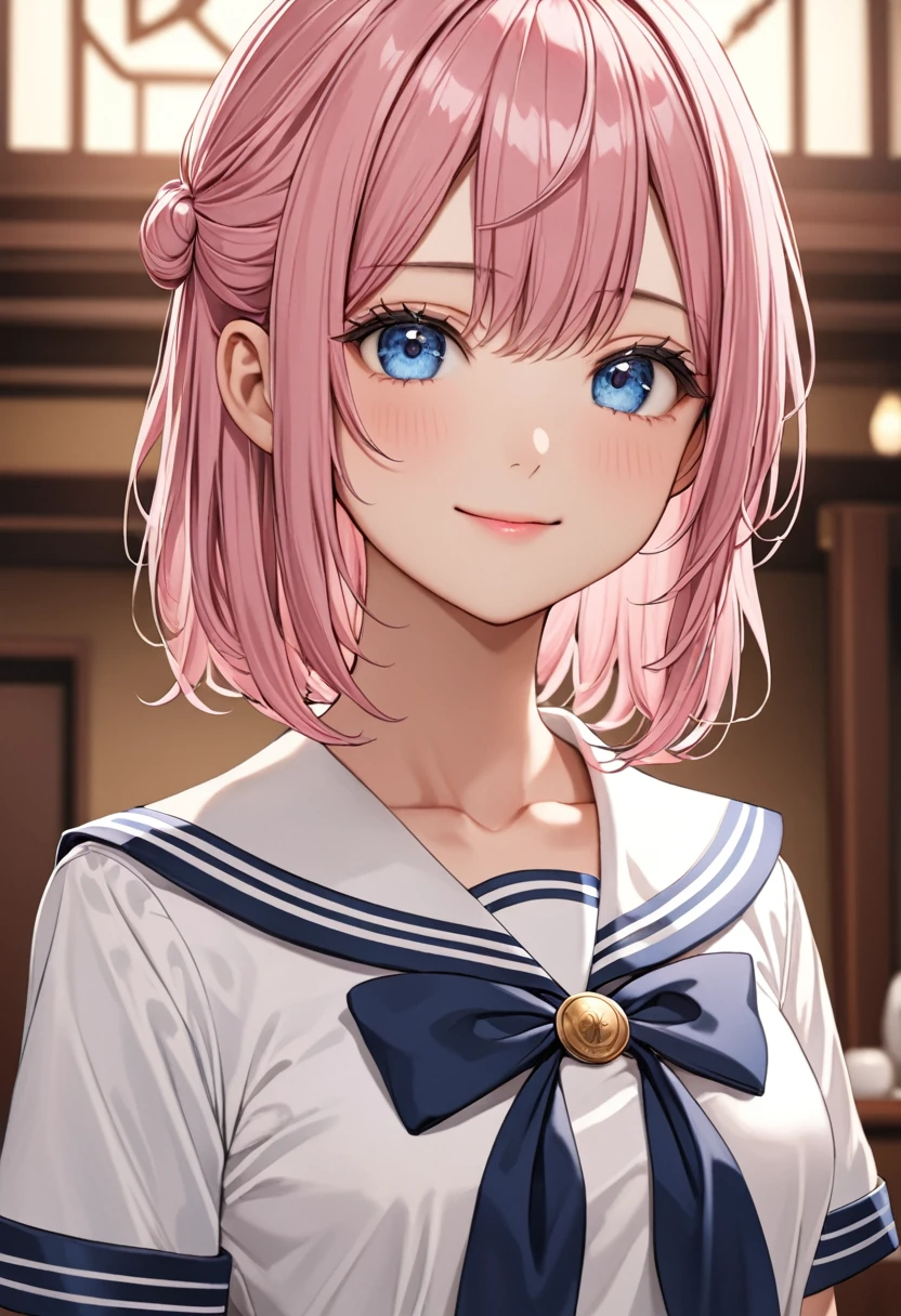 (masterpiece, top quality, very aesthetic, 4k、), intricate detail, 1girl,stand、cowboy shot:1.4、front view,light smile、
Cute 、pink hair、middle hair,sidelock ,,blue eyes、sailor uniform、small breasts,Slim 、JK