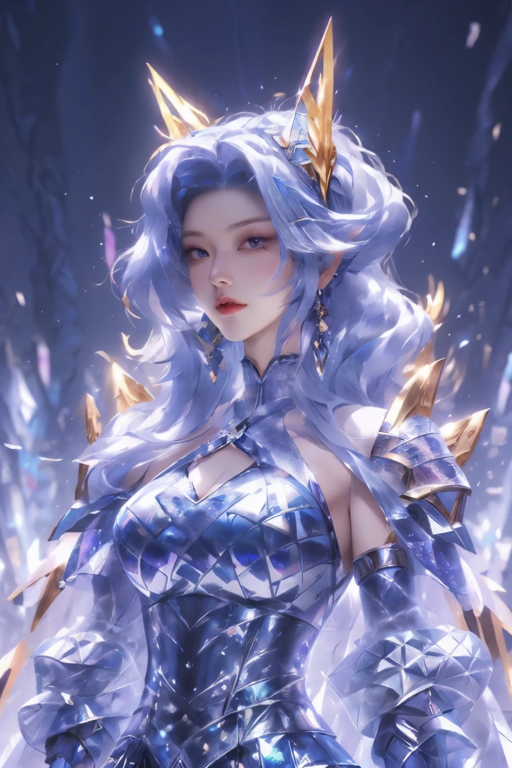 Close up of woman in silver and blue dress, Pan Chengwei on artstation, author：Yang J, Detailed fantasy art, Stunning character art, Fan Art Best Artstation, Epic and beautiful character art, Beautiful armor, Extremely detailed Artgerm, Detailed digital anime art, artstation pixiv like artgerm, Armor Girl