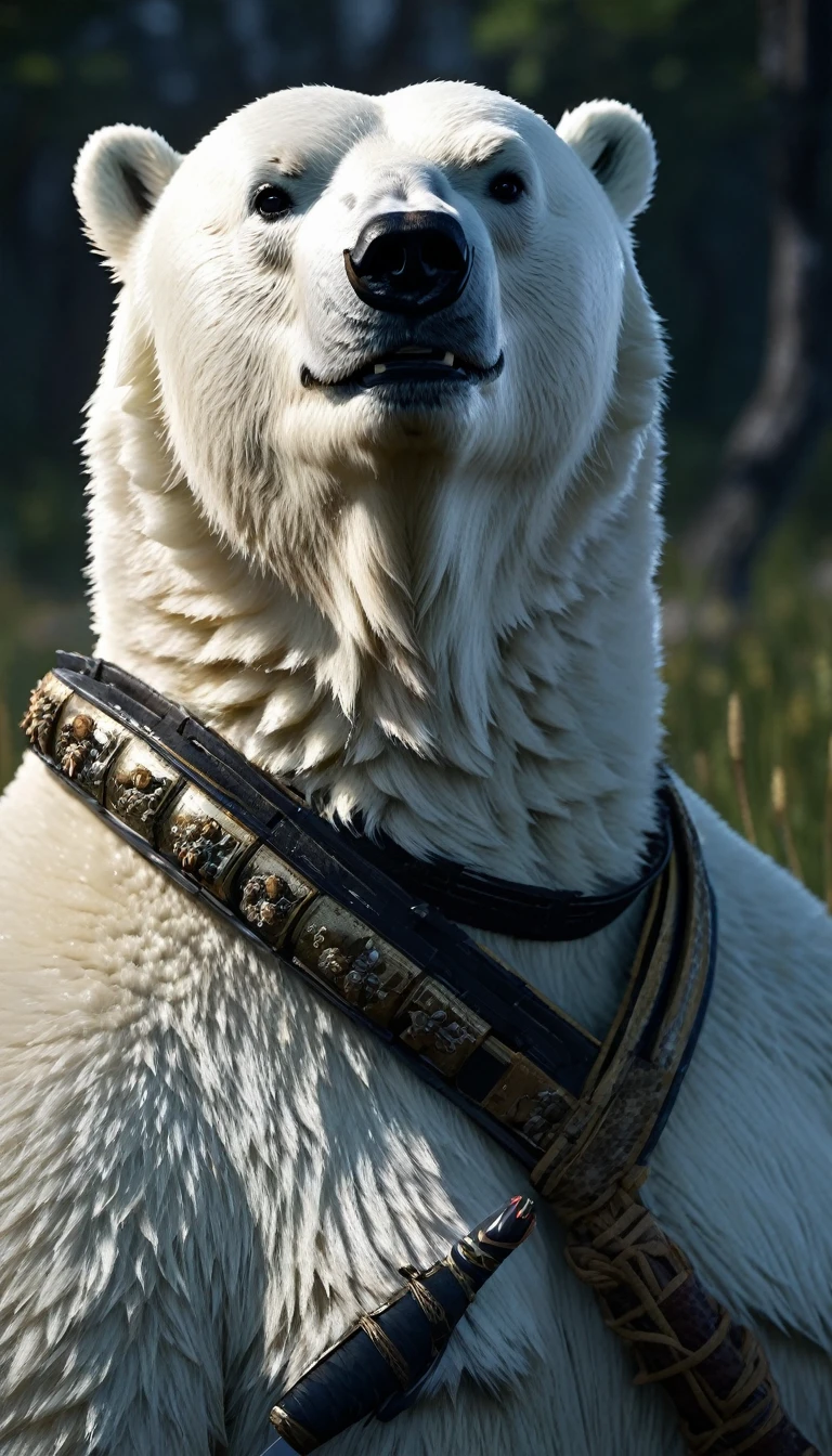 masterpiece, (Super detailed), (Animal anthropomorphism),Polar bear, good looking, Japanese Armor,knife、 Dim lighting, cigarette, Shadow, Night grassland battlefield, Highest quality, Single Focus, (skimming: 1.1), Muscular man, whole body, Complex (High detail: 1.1) Unreal Engine.multiple、