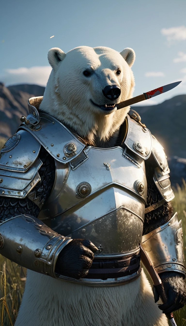 masterpiece, (Super detailed), (Animal anthropomorphism),Polar bear, good looking, Japanese Armor,knife、 Dim lighting, cigarette, Shadow, Night grassland battlefield, Highest quality, Single Focus, (skimming: 1.1), Muscular man, whole body, Complex (High detail: 1.1) Unreal Engine.multiple、