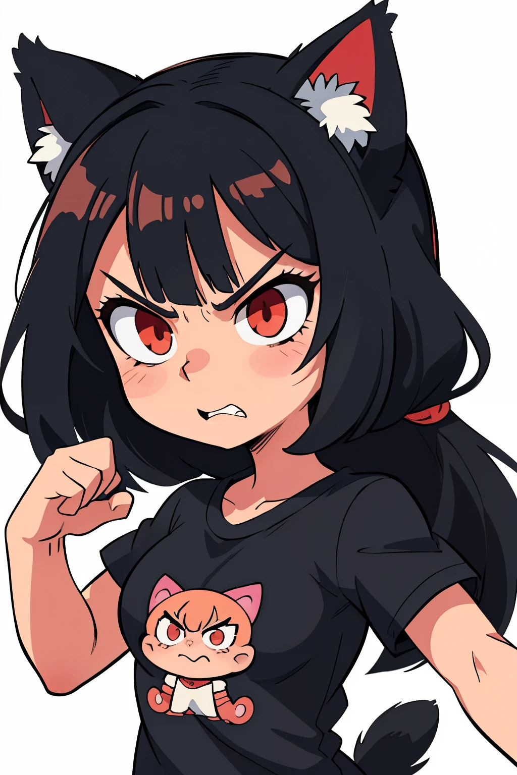 anime girl with a black shirt and red eyes with a cat ears, an anime drawing by Puru, pixiv, mingei, highly detailed angry anime face, anime moe artstyle, fierce expression 4k, cute anime face, angry look, , cynical face, extremely cute anime girl face, evil expression, in an anime style, angry expression, sticker emote , kawai , face focused , detailed eyes , detailed white hairs , gaming accesories