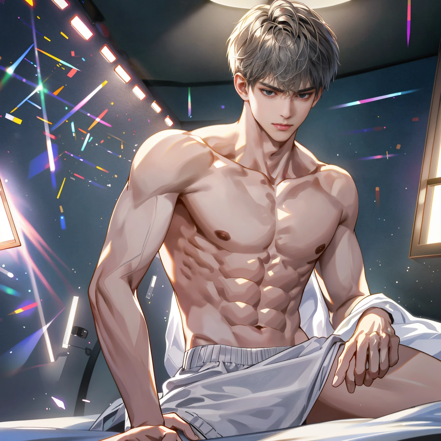 (absurd, high resolution, very detailed, hdr), masterpiece, best quality, amazing boy, detailed face, nakedness，Abs，professional photography, The alaped man did not wear a shirt, Stand comfortably，stand on all fours，full body photo，upper leg，small thighs，long legs with legs apart, Focus on your audience,18 years old 소년, amazing boy, [ a well-defined body ]，With fair skin，the light is even，soft shoulders，clavicle，short broken hair，youth，18 years old，slim young handsome man，white socks，Crotch sticks out，8팩 Abs，high quality，high details，amazing，really，big protrusion，The upper body is naked in the bathroom， vivid colors， Sexual tension， Grease gloss， cinematic lighting ， wide angle， masterpiece， best quality， Ultra-detailed， 16,000，