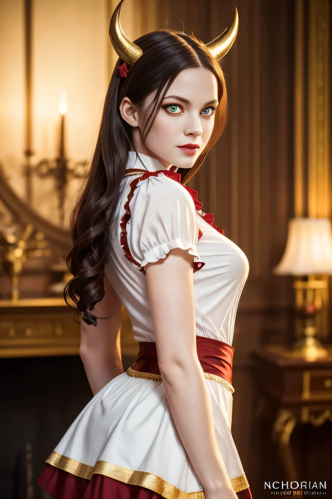 (Beautiful young female (perfect face) demon), (Alyssa Sutherland:0.3), small horns, tail, playful smile, naughty action, (facing camera:1.3), pale skin, (skin texture:1.1), black hair, (classic French maid white blouse:1.2), wreathed in fire, (crimson and gold eyes:1.4), fit athletic body, flaming room of HELL castle on background,, (masterpiece), (photorealistic:1.4), RAW photo, best quality, high res, rich colors, backlight, bright sunlight, cinematic lighting, film grain, raw photo, 50mm lens, Nikon D850, warm colors