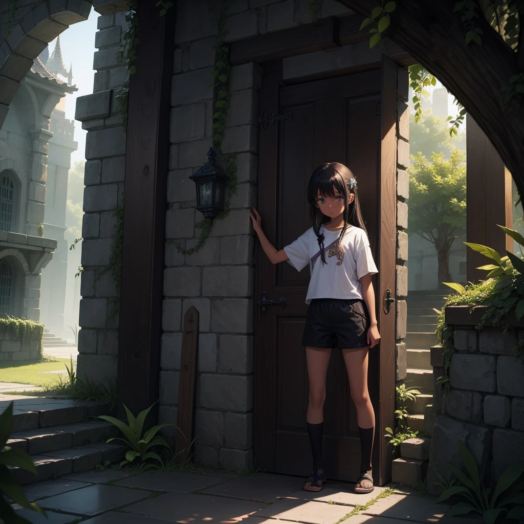 最high quality、high quality、Simple cloth clothing、10Year old girl adventurer、Climb the maze stairs、Shorts、Equipped with a dagger and a shield、In a dark maze