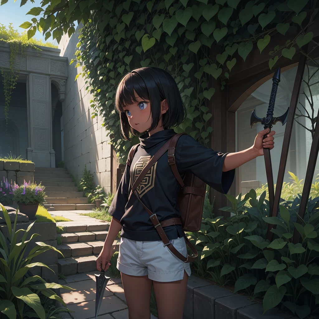 最high quality、high quality、Simple cloth clothing、10Year old girl adventurer、Climb the maze stairs、Shorts、Equipped with a dagger and a shield、In a dark maze