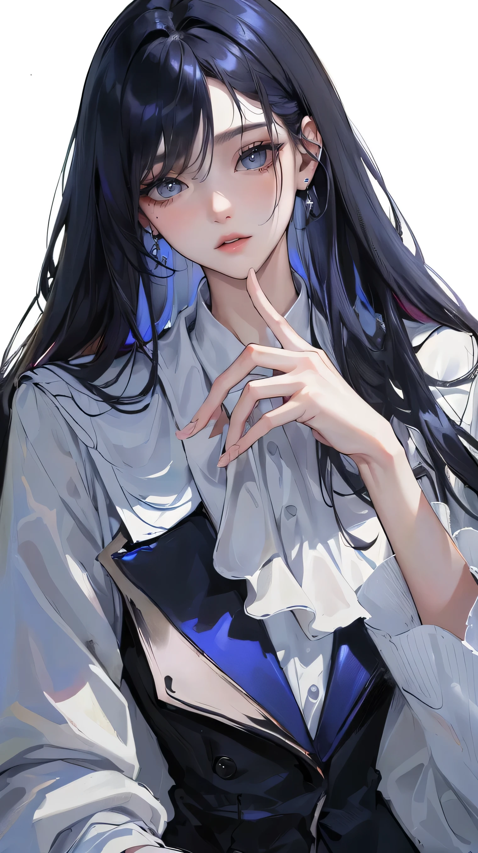 (Top resolution、Distinct_image)top-quality、femele、​masterpiece、highly detailed、Semi-realistic、grey eyes、18year old、young、Exquisite facial features、Facial features、unique hairstyle, variations, potrait, white background,   dark blue hair , long straight hairstyles, wear black suits, Mafia , dark blue hair