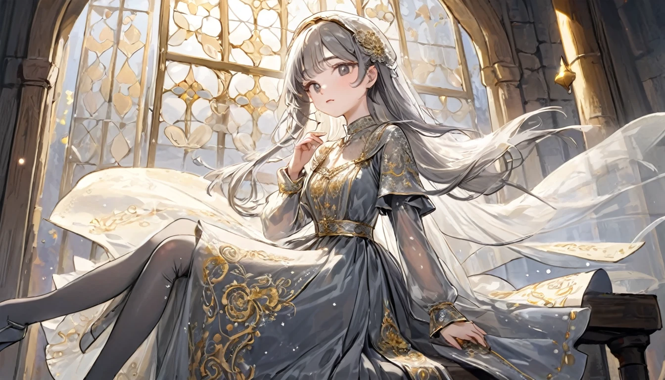 girl, Gold and silver embroidery, White-gray pearl medieval long dress（With panniers）, Translucent fabric, Pull up the dress by hand, Strong winds, Translucent slip, Grey translucent tights, Peeking from below, Highest quality, Disorder of clothing, sit