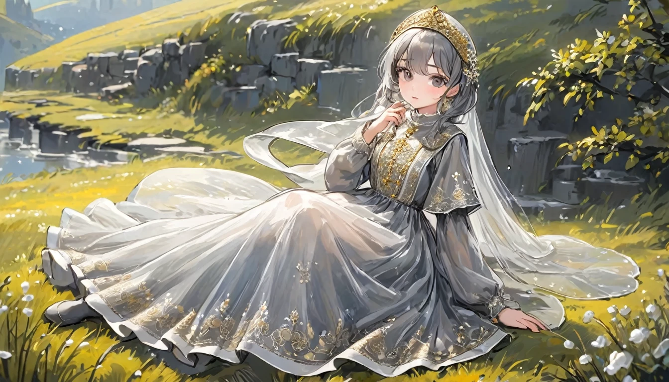 girl, Gold and silver embroidery, White-gray pearl medieval long dress(With panniers), Translucent fabric, Pull up the dress by hand, Strong winds, Translucent slip, Grey translucent tights, Peeking from below, Highest quality, Disorder of clothing, sit