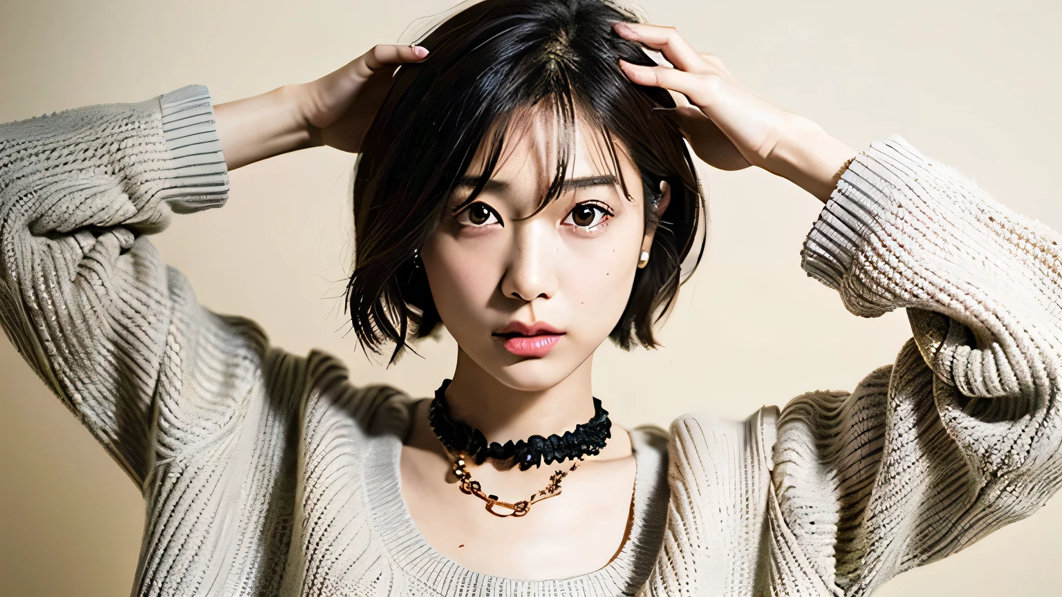 (best qualityer, 8K, 32k, work of art, ultra HD:1.2),Photo of a beautiful Japanese woman, breasts big, very short bob hair,trunk,(oversized_sweater,:1.1) necklase, simple background, looking around