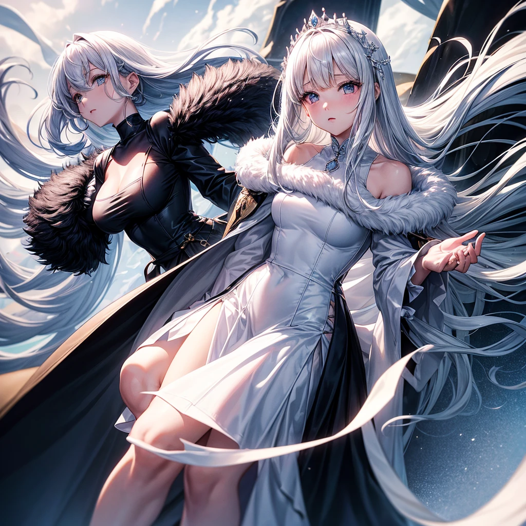 whiteと赤の中世のドレス, Super voluminous skirt, Round Princess Skirt, High throat, Cover the body from neck to toe, Covered neck, Wearing a long black fur jacket, white, translucent, Soft dress,