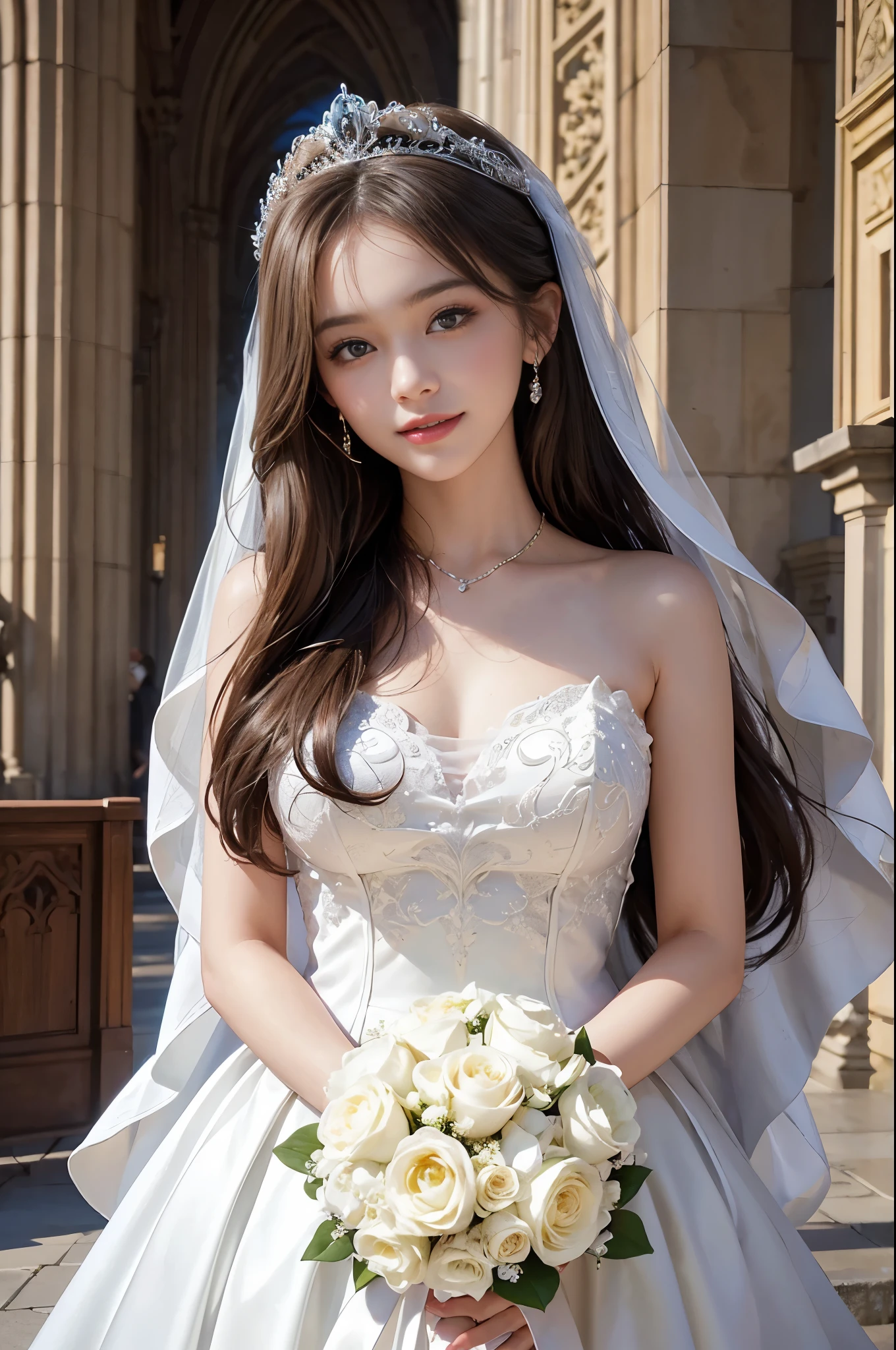 best quality, masterpiece, 1 girl, 5 fingers, long hair, huge laugh, cute , shiny lips, sweet, sun glare, Conservative attire, white gloves, bouquet, bell-line wedding dress, bridal tiara, depth of field, blurred background, Cathedral Background, light particles, strong wind, head tilt