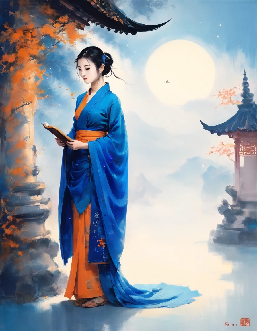 敦煌艺术风格插painting,Blue tint,A mysterious little figure in a traditional dress stands on an ancient scroll filled with Buddhist scriptures,it is,Starlight,Dazzling,Light and Shadow,gradient blue,blue and orange,Super grand scene,Smooth movement,Extremely delicate brushstrokes,Soft and smooth,Clean background,painting,3d rendering