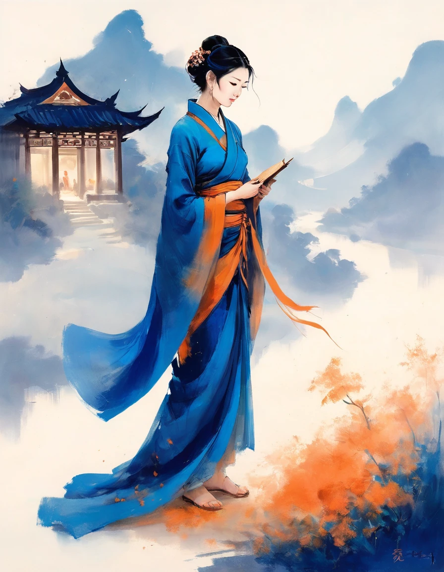 敦煌艺术风格插painting,Blue tint,A mysterious little figure in a traditional dress stands on an ancient scroll filled with Buddhist scriptures,it is,Starlight,Dazzling,Light and Shadow,gradient blue,blue and orange,Super grand scene,Smooth movement,Extremely delicate brushstrokes,Soft and smooth,Clean background,painting,3d rendering