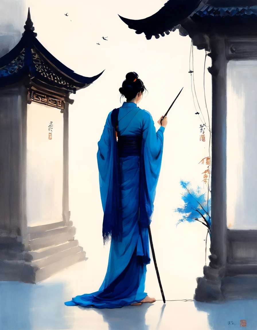 敦煌艺术风格插painting,Blue tint,A mysterious little figure in a traditional dress stands on an ancient scroll filled with Buddhist scriptures,it is,Starlight,Dazzling,Light and Shadow,gradient blue,blue and orange,Super grand scene,Smooth movement,Extremely delicate brushstrokes,Soft and smooth,Clean background,painting,3d rendering