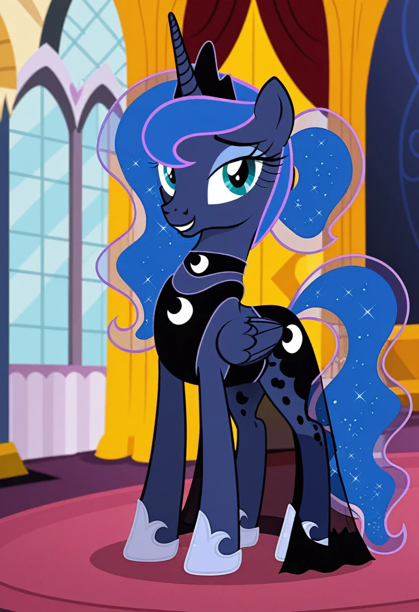 Pony . Black see trough dress with black choker, Princess Luna smiling