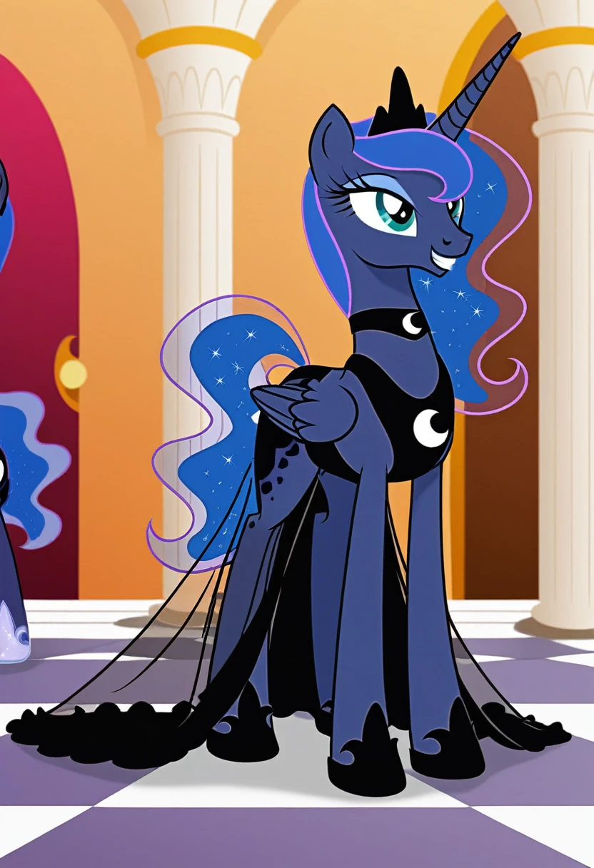 Pony . Black see trough dress with black choker, Princess Luna smiling 