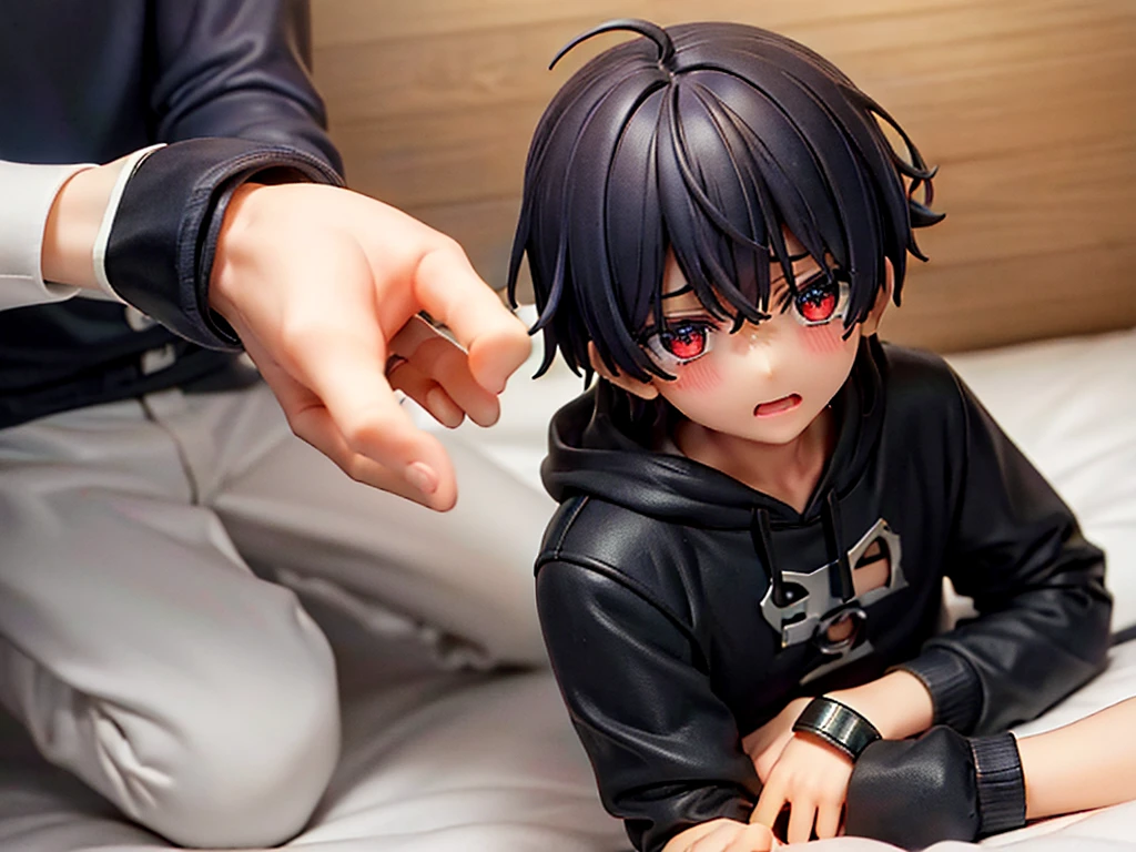 boy　Receiving face　I hate it　cute　One person　Thin　A man resisting　Very short hair　Very short antennae　short　angry　One person　Constraints　handcuffs　boy　handcuffs　bed　hoodie　Lying down　Crying face　One person　Are crying　shortの髪　Black Hair　Red eyes　One personだけの画像　one-shot