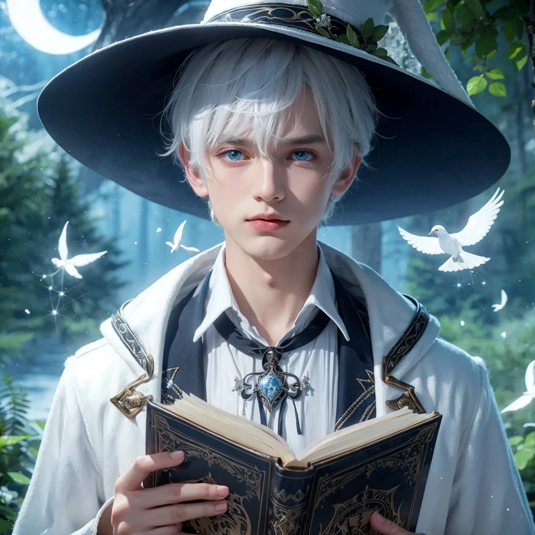 Handsome boy, white hair, blue eyes, wearing white witch hat, wearing white witch clothes, holding a white magic book, magic forest background