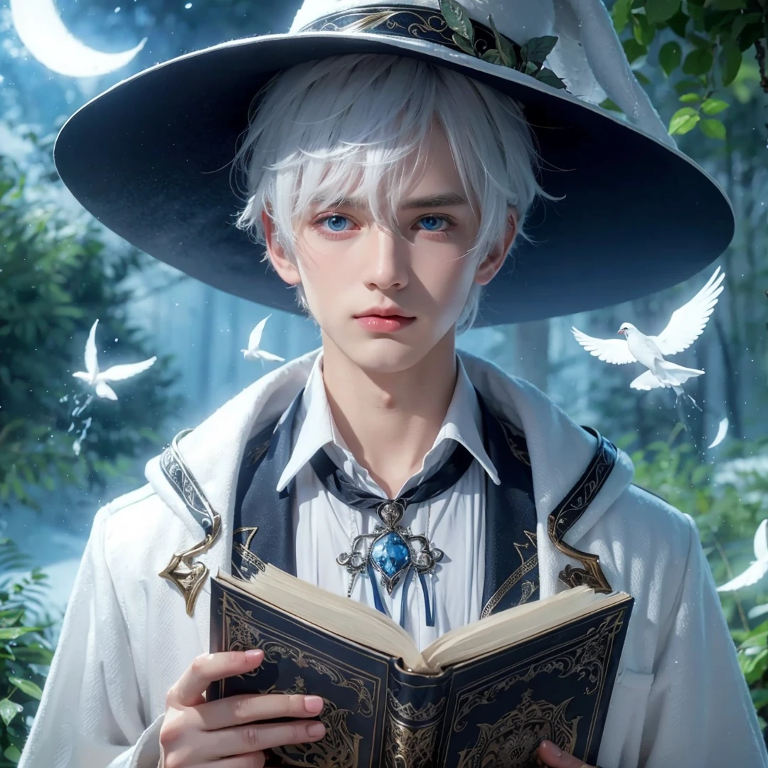 Handsome boy, white hair, blue eyes, wearing white witch hat, wearing white witch clothes, holding a white magic book, magic forest background