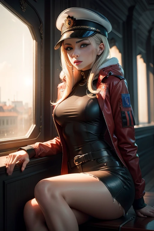 mercy in military suit, at an airport, solo, very detailed face, toned legs, large breasts,  sunrise,  (8k, HDR, sharp focus, vivid, best quality, masterpiece), moonlight, moon, cinematic lighting, Amazing, finely detail, masterpiece,best quality