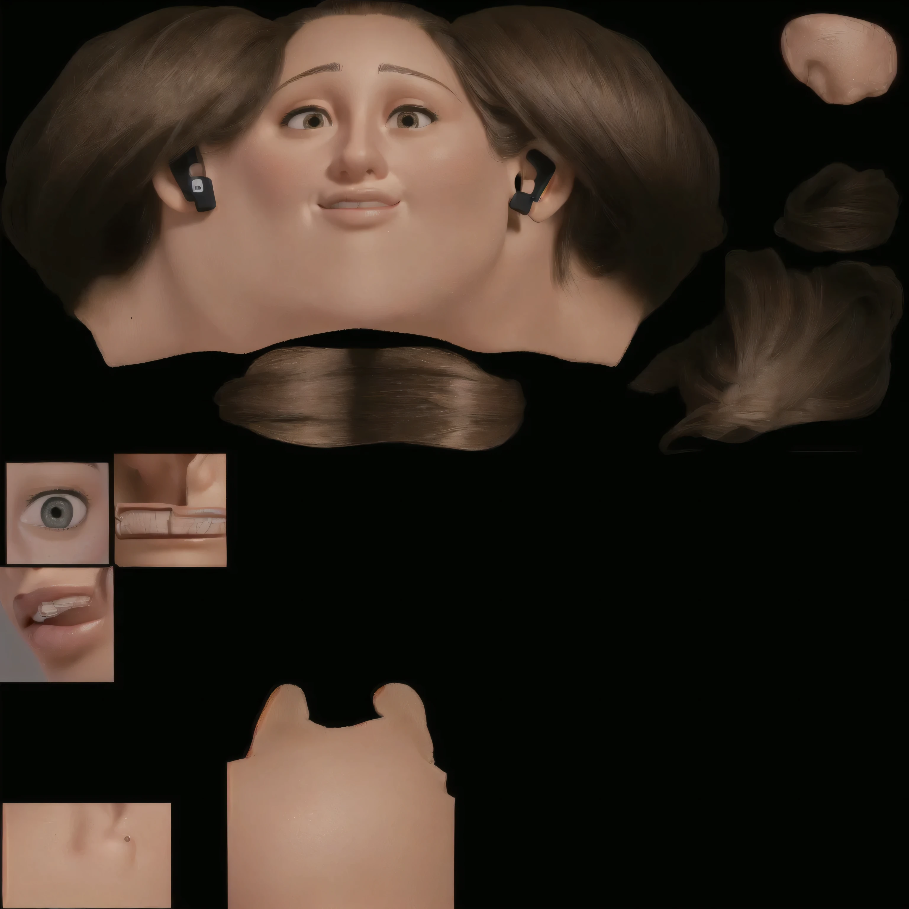 there is a picture of a woman with a cell phone in her ear, realistic body features and face, detailed body and face, extreme detailed face and body, detailed face and body, full view of face and body, highly detailed skin, realistic person, realistic face and anatomy, realistic face and body hybrid, realistic faces and anatomy, human face realistic, realistic skin