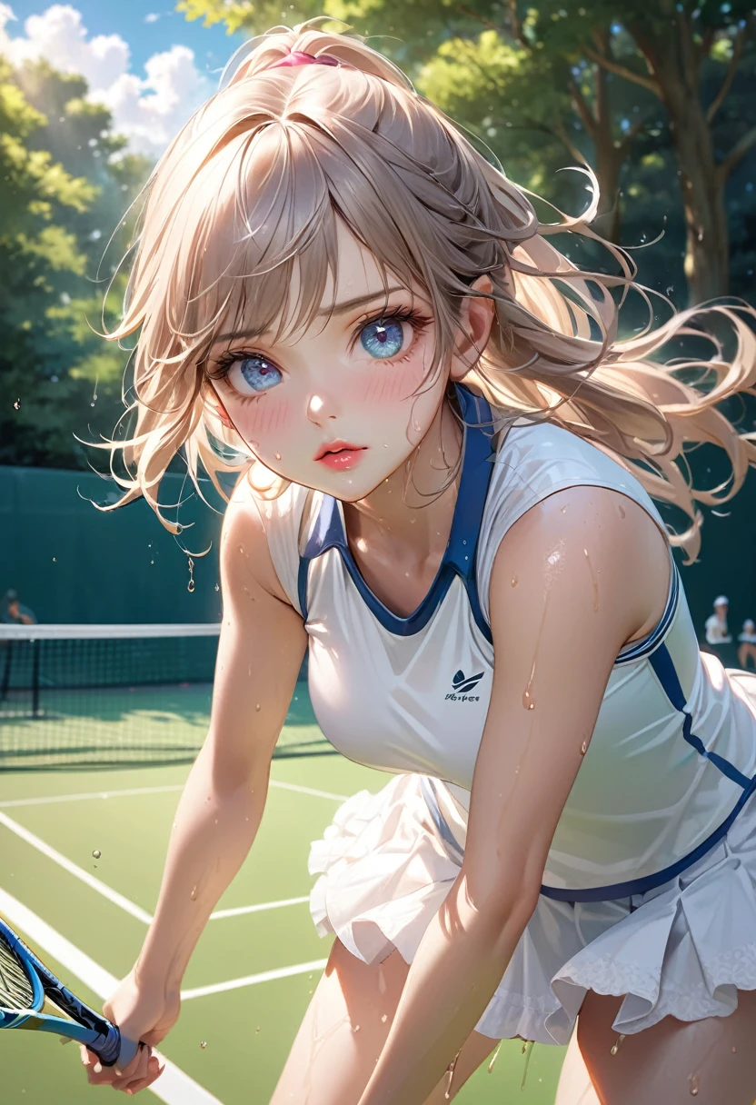 a cute young girl in a white frilly skort playing tennis on a grassy tennis court, hold the racket with both hands, focused expression waiting for the serve, highly detailed, photorealistic, vibrant colors, natural lighting, 8k, masterpiece, dripping sweat,sweaty tennis clothes,through bangs,beautiful detailed eyes, beautiful detailed lips, extremely detailed face and features, long eyelashes, dynamic pose, athletic figure, tennis court environment, grass texture, fluffy clouds in sky, sunlight filtering through trees