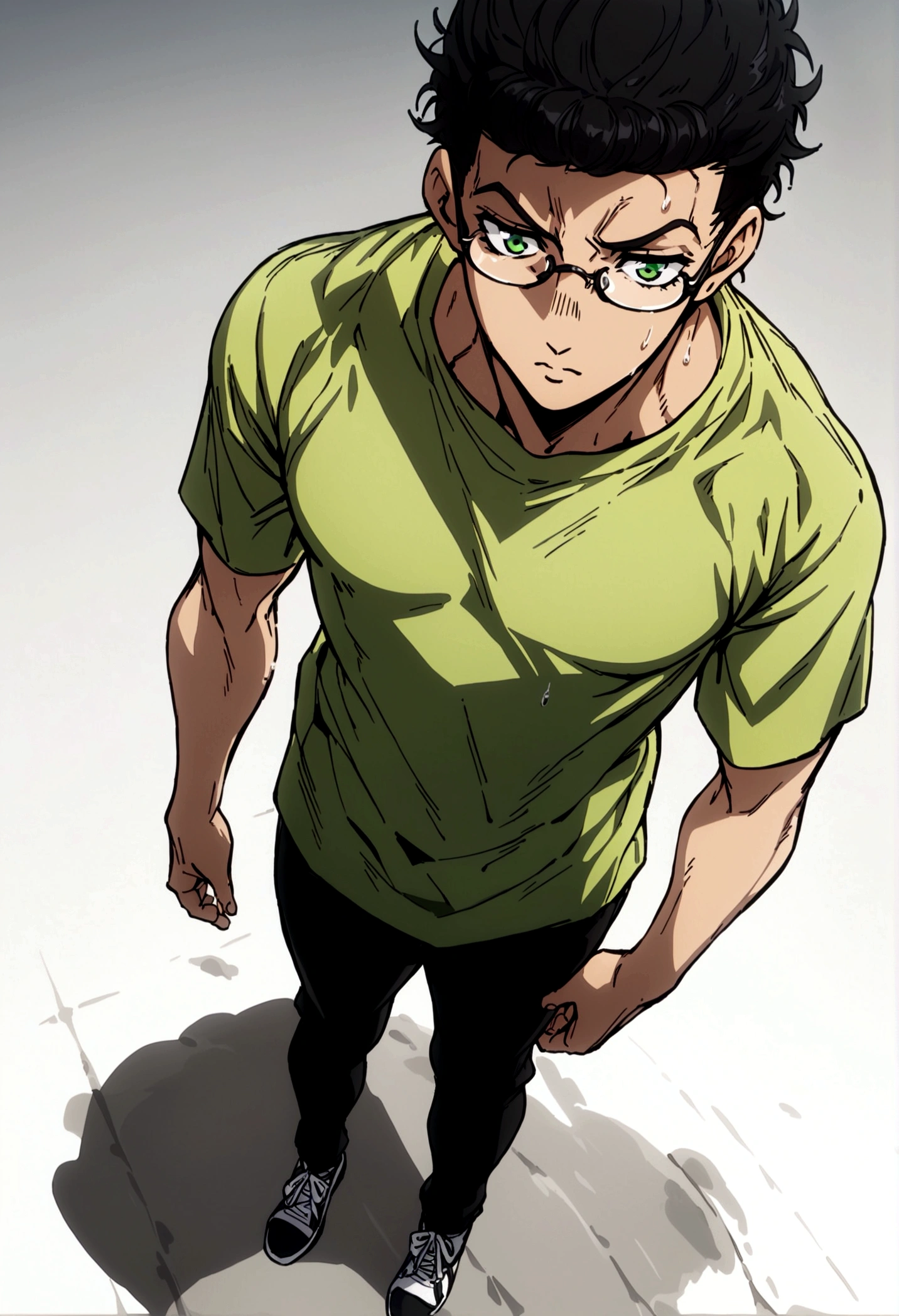 fullbody,masterpiece,standing,tshirt,black curly short hair,green eyes,(bangs),adult,1boy,solo,light stuble,glasses,white background