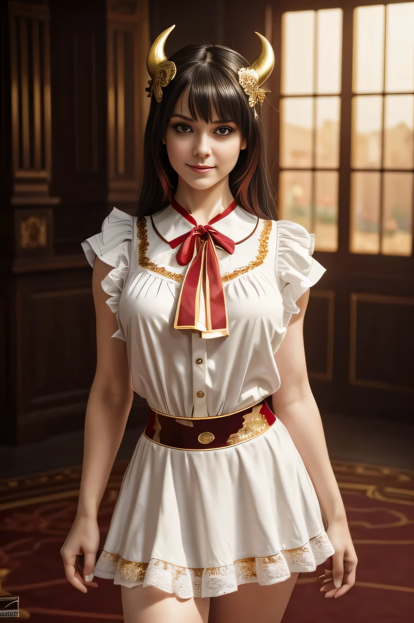 (Beautiful young female (perfect face) demon), (Eila Adams:0.3), small horns, tail, playful smile, naughty action, (facing camera:1.3), pale skin, (skin texture:1.1), black hair, (classic French maid white blouse:1.2), wreathed in fire, (crimson and gold eyes:1.4), fit athletic body, flaming room of HELL castle on background,, (masterpiece), (photorealistic:1.4), RAW photo, best quality, high res, rich colors, backlight, bright sunlight, cinematic lighting, film grain, raw photo, 50mm lens, Nikon D850, warm colors