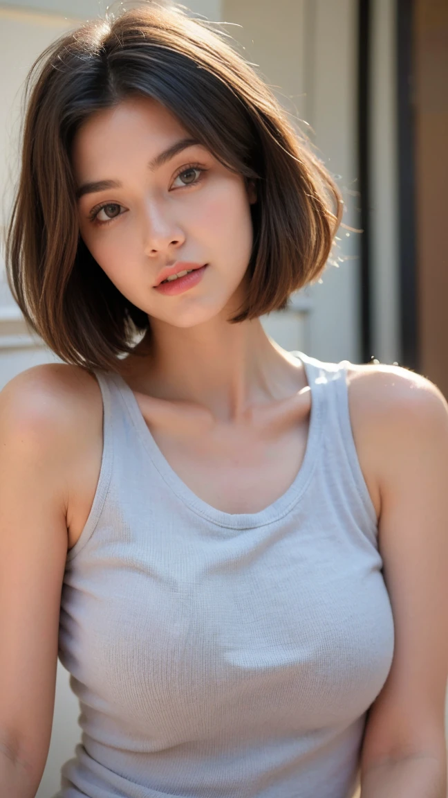((Highest quality, 8K, masterpiece :1.3)), Sharp focus :1.2, Beautiful woman with perfect figure :1.4, Slim Abs :1.2, ((Layered Haircut, Big Breasts :1.2)), (Tank top shirt :1.1), (street :1.2), Highly detailed face and skin texture, Fine grain, double eyelid, Show your armpits , Medium chest