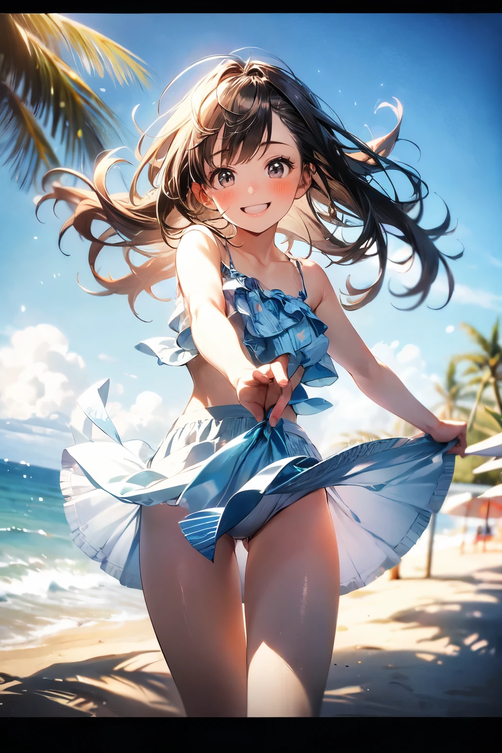 very cute and beautiful girl,(highly detailed beautiful face),pink camisole,cute ruffle petticoat,
(smile),happy,looking at viewer,black hair,cowboy shot,detailed legs,beach,tropical resort,
(best quality,masterpiece),absurdres,highres,ultra-detailed,extremely detailed,32k,8k resolution,
intricate details,cinematic scene,detailed background,solo,dynamic angle,
natural lighting,hair fluttering in the wind,beautiful detailed sky,