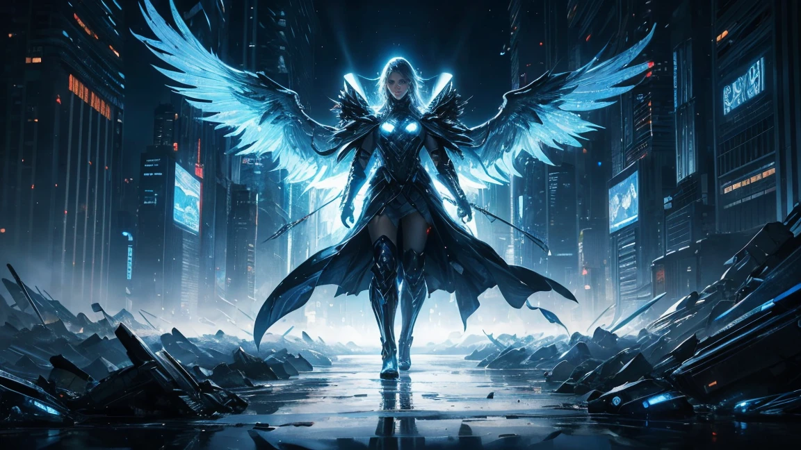 ((Realist)), ((masterpiece, Highest quality, Best image quality, High resolution、８ｋ)) There is a giant angel in the center of the screen.、Shining white wings６Book、Glowing halo、Big Sword、Cyberface。Wearing a flowing ethereal robe、god々Shining with a bright light。Glowing blue eyes and advanced cybernetic enhancements. Seen in dynamic action poses, reflection on a smooth surface. The cityscape below is filled with towering skyscrapers., illuminated by colorful holographic advertisements, Shining with blue energy, Mighty power. The overall atmosphere is dark and mysterious., It had a futuristic techno vibe.. The lighting is dramatic, Intense highlights and deep shadows, Creates depth and tension