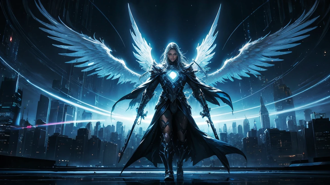 ((Realist)), ((masterpiece, Highest quality, Best image quality, High resolution、8k)) There is a giant angel in the center of the screen.、Shining white wings6Book、Glowing halo、Big Sword、Cyberface。Wearing a flowing ethereal robe、god々Shining with a bright light。Glowing blue eyes and advanced cybernetic enhancements. Seen in dynamic action poses, reflection on a smooth surface. The cityscape below is filled with towering skyscrapers., illuminated by colorful holographic advertisements, Shining with blue energy, Mighty power. The overall atmosphere is dark and mysterious., It had a futuristic techno vibe.. The lighting is dramatic, Intense highlights and deep shadows, Creates depth and tension