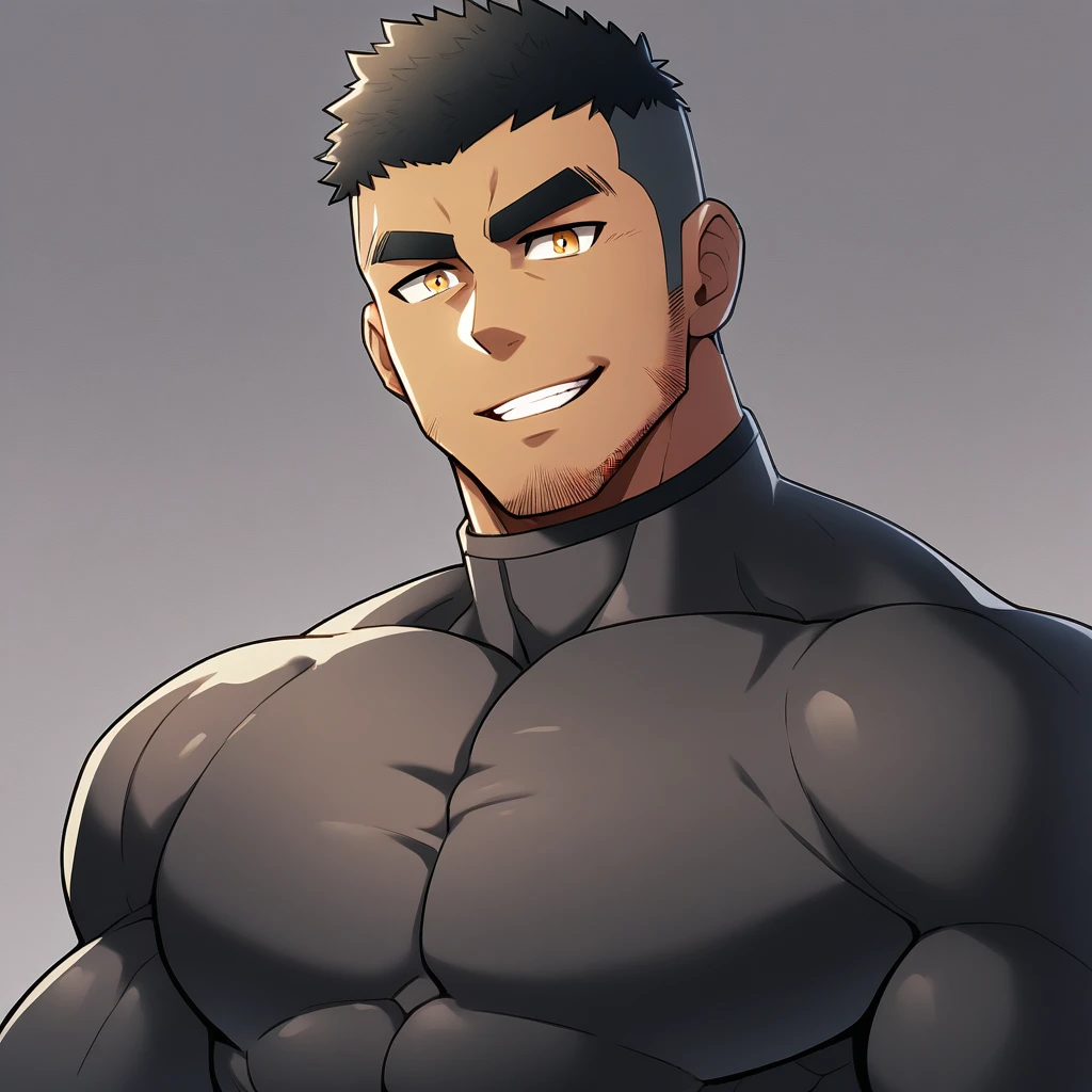 anime characters：Gyee, Muscle Sports Student,  black skin, 1 dark skin muscular tough guy, Manliness, male focus, Dark grey high collar long sleeve wetsuit, Matte texture, Very tight, Round, full and perky chest muscles, Slightly transparent, muscular male, muscular, only, Upper body, alone, Black short hair, Thick eyebrows, stubble, Yellow eyes, Grey background, simple background, amazing quality, best aesthetics, Ridiculous, bright pupils, crew cut, parted lips, seductive smile, torogao, naughty face,  best quality