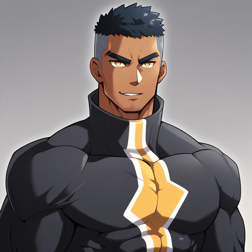 anime characters:Gyee, Muscle Sports Student, negro black skin, 1 dark skin muscular tough guy, Manliness, male focus, Dark grey high collar long sleeve wetsuit, Matte texture, Very tight, Round, full and perky chest muscles, Slightly transparent, muscular male, muscular, only, Upper body, alone, Black short hair, Thick eyebrows, stubble, Yellow eyes, Grey background, simple background, amazing quality, best aesthetics, Ridiculous, bright pupils, crew cut, parted lips, seductive smile, torogao, naughty face, best quality