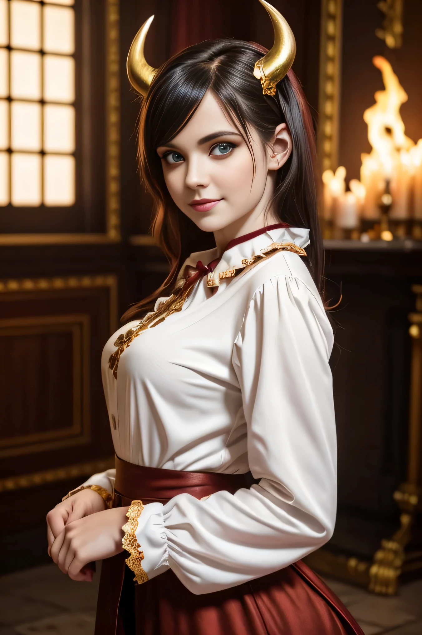 (Beautiful young female (perfect face) demon), (Eila Adams:0.3), small horns, tail, playful smile, naughty action, (facing camera:1.3), pale skin, (skin texture:1.1), black hair, (classic French maid white blouse:1.2), wreathed in fire, (crimson and gold eyes:1.4), fit athletic body, flaming room of HELL castle on background,, (masterpiece), (photorealistic:1.4), RAW photo, best quality, high res, rich colors, backlight, bright sunlight, cinematic lighting, film grain, raw photo, 50mm lens, Nikon D850, warm colors