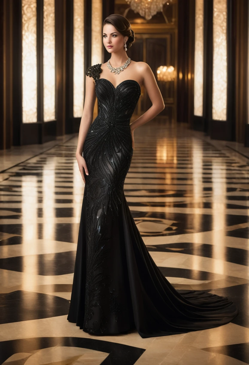 Full length"A young woman in a beautiful and elegant black evening gown at a formal event. She is wearing a uniquely designed and stunning dress, complemented by luxurious jewelry and accessories. The background features a grand and lavish hall with warm, inviting lighting, showcasing a scene of splendor and beauty."
