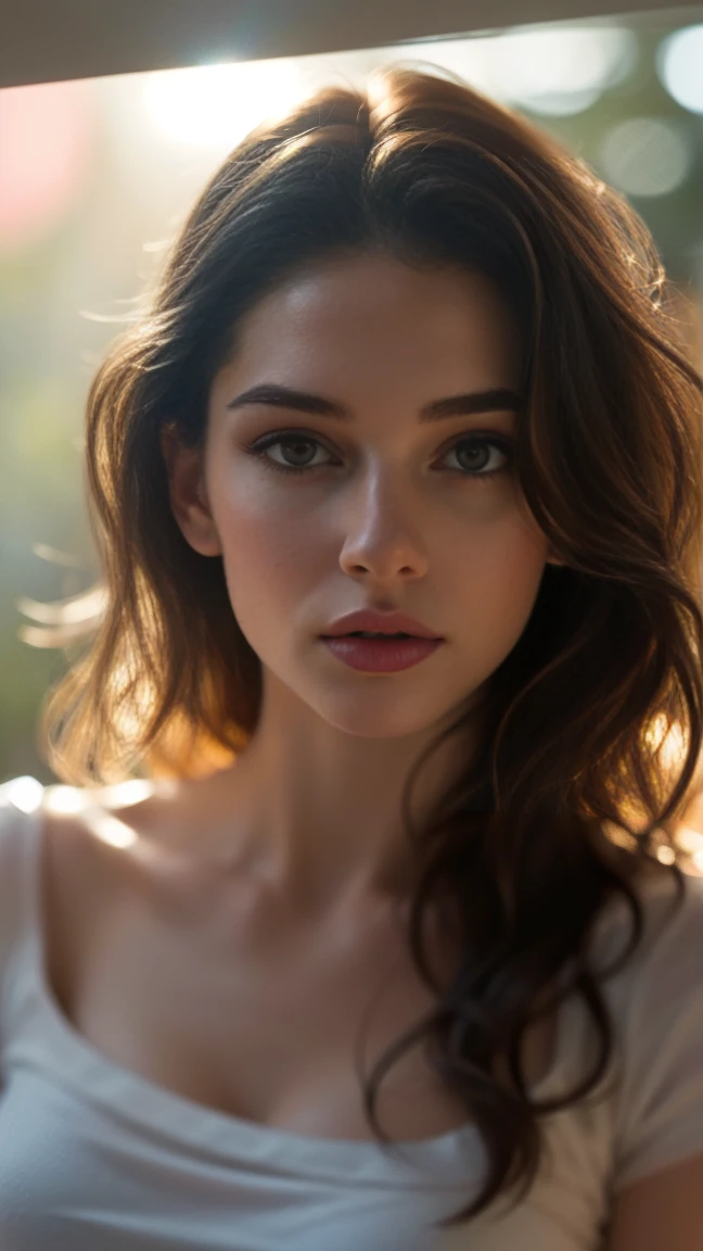 (((ultra realistic))) Photo, masterpiece, top quality, (pale skin), (Ultra detailed face and eyes:1.3), 1 girl, Adult, in a T-shirt, full body, (Eye makeup, mascara) , ((large detailed lips)), ((ash wavy hair)), ((Chyolka)) , (big breasts), Slim waist. ((Posing)), photoshoot, studio (soft lighting), (The play of light and shadows), depth of field, bokeh, (special attention to skin detail: 1.2), Detailed leather texture, skin pores. (Airy atmosphere of the frame. Color range - delicate, Bright, white, Pink tones), UDR, ((Film grain)), ((rays)), ((glare of the sun)), ((waist up portrait, close to the camera)) , ultra detailed, 
