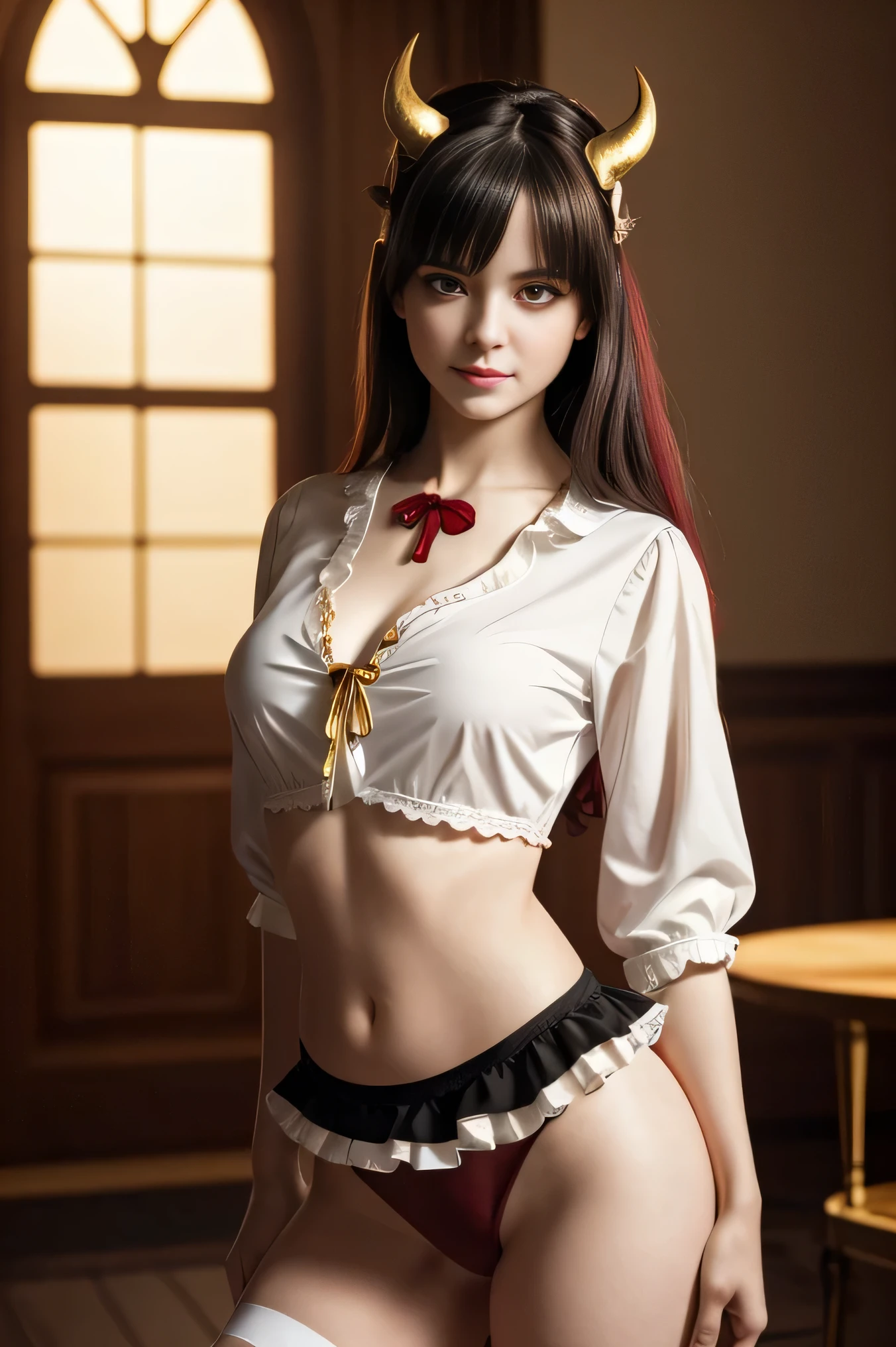 (Beautiful young female (perfect face) demon), (Eila Adams:0.3), small horns, tail, playful smile, naughty action, (facing camera:1.3), pale skin, (skin texture:1.1), black hair, (classic French maid white blouse:1.2), wreathed in fire, (crimson and gold eyes:1.4), fit athletic body, flaming room of HELL castle on background,, (masterpiece), (photorealistic:1.4), RAW photo, best quality, high res, rich colors, backlight, bright sunlight, cinematic lighting, film grain, raw photo, 50mm lens, Nikon D850, warm colors