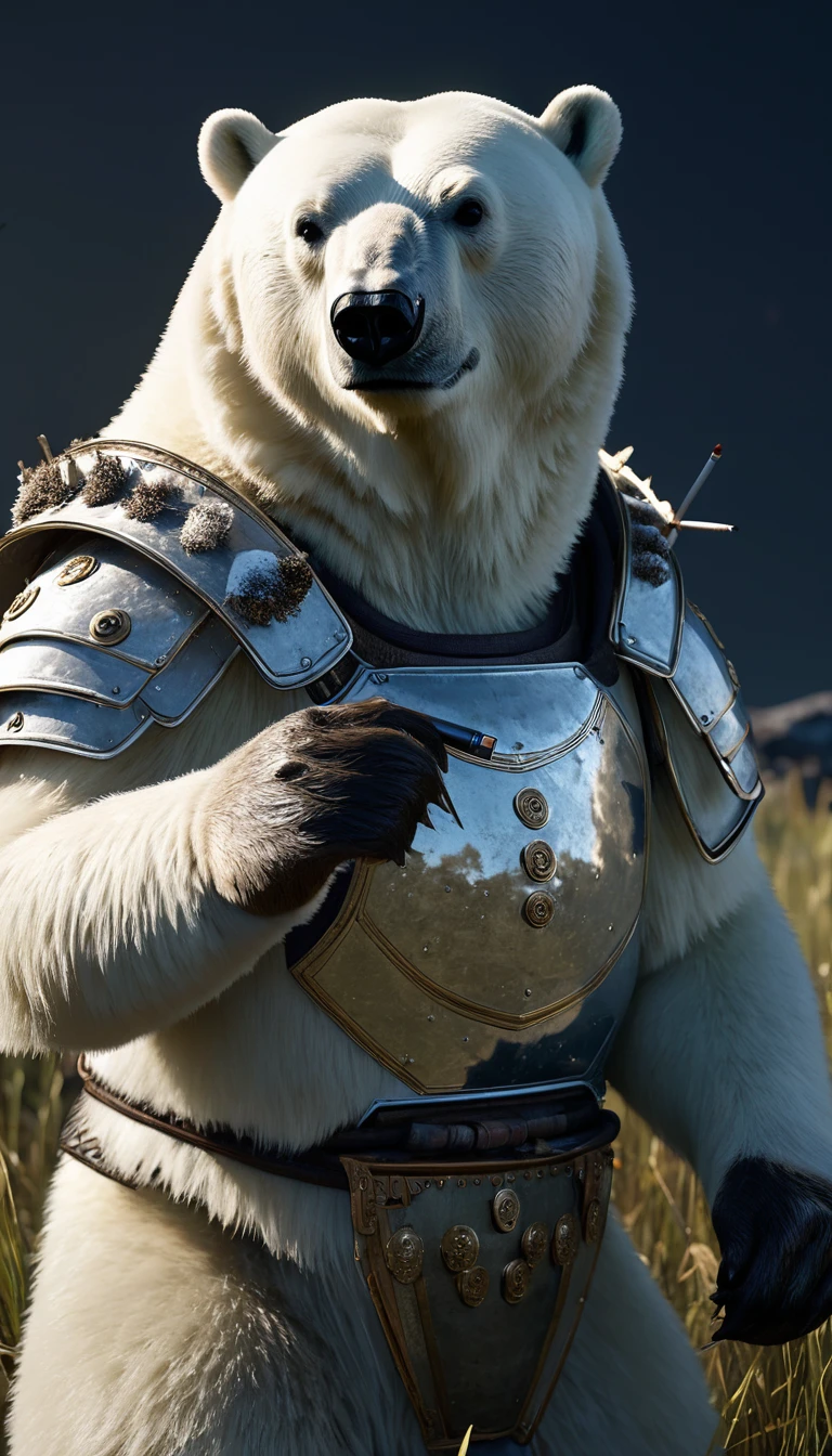 masterpiece, (Super detailed), (Animal anthropomorphism),Polar bear, good looking, Japanese Armor,knife、 Dim lighting, cigarette, Shadow, Night grassland battlefield, Highest quality, Single Focus, (skimming: 1.1), Muscular man, whole body, Complex (High detail: 1.1) Unreal Engine.multiple、