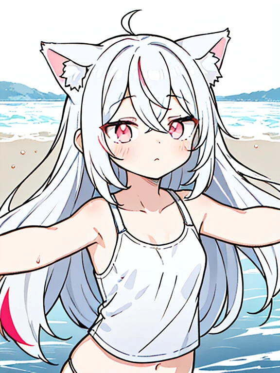 best quality, masterpiece, 1 girl, loli, upper body, hairs between eyes, female, pink eyes, long hair, small breasts, expressionless, wink , cat ears, white hair, silver hair, streaked hair, long bangs, seaside, swimsuit, stretch, sleeveless shirt