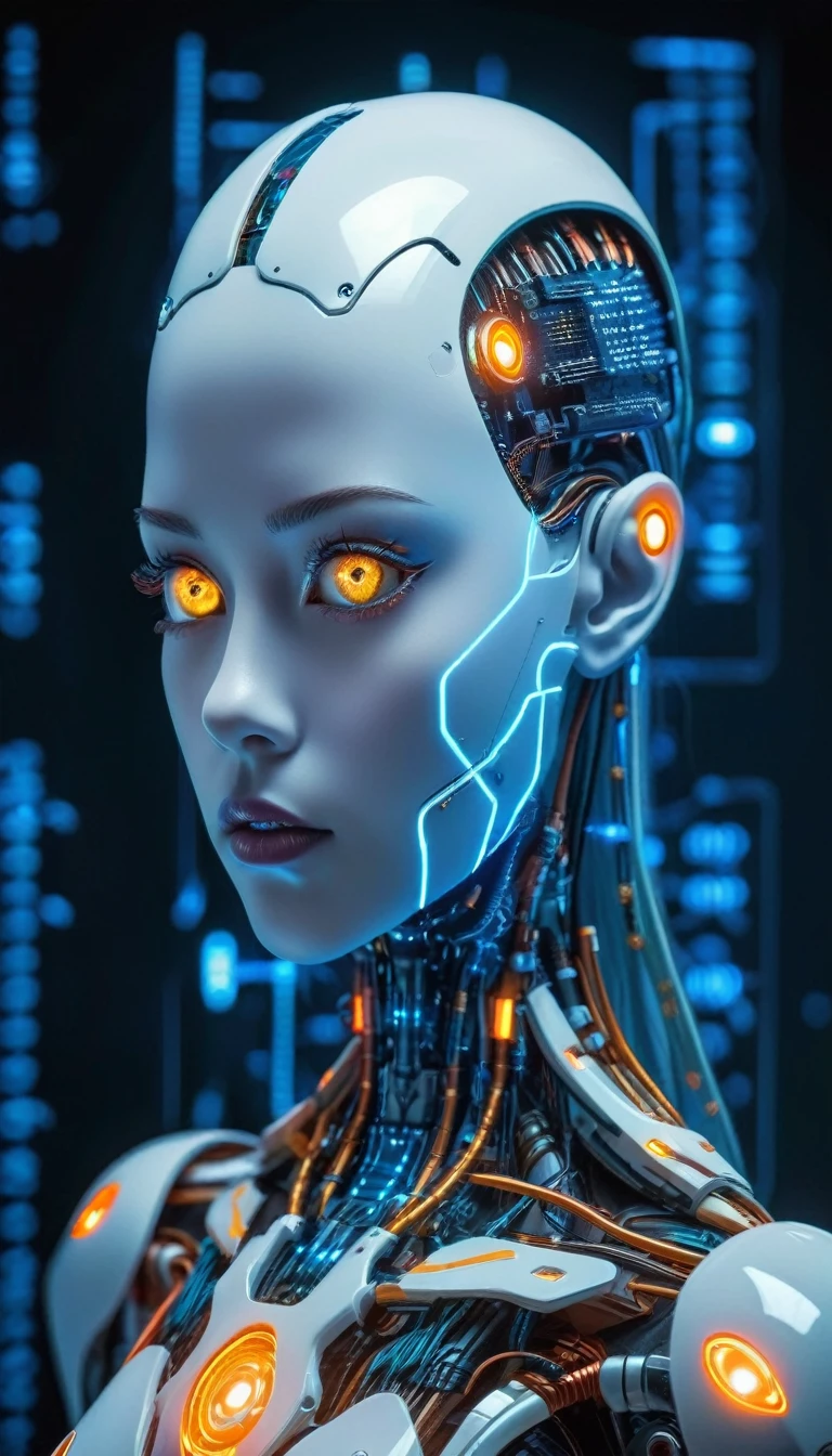 a close up of a robot with glowing eyes and a circuit, strong artificial intelligence, cyborg - girl, cyborg girl, intricate transhuman, the coming ai singularity, integrated synthetic android, evil artificial intelligence, portrait of a female android, artificial intelligence!!, perfect android girl, beutiful girl cyborg, artificial intelligence princess, cyberpunk transhumanist, cyborg woman
