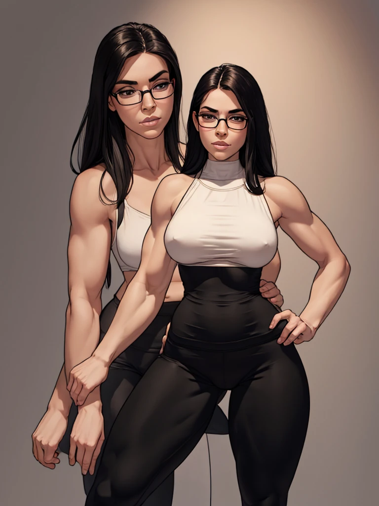 (((solo))), mature woman, (pale skin), High quality, highly detailed, masterpiece, RAW photo, best quality, (oval shape face), (big lips), thin waist, ((muscular hips)), black hair, ((loose hari)), long hair, cinematic lighting, ((glasses)), ((shy)), (blushed), lush illumination, (thin arms), (thin legs), small breasts, muted colors, yoga pants, top, ((simple background))