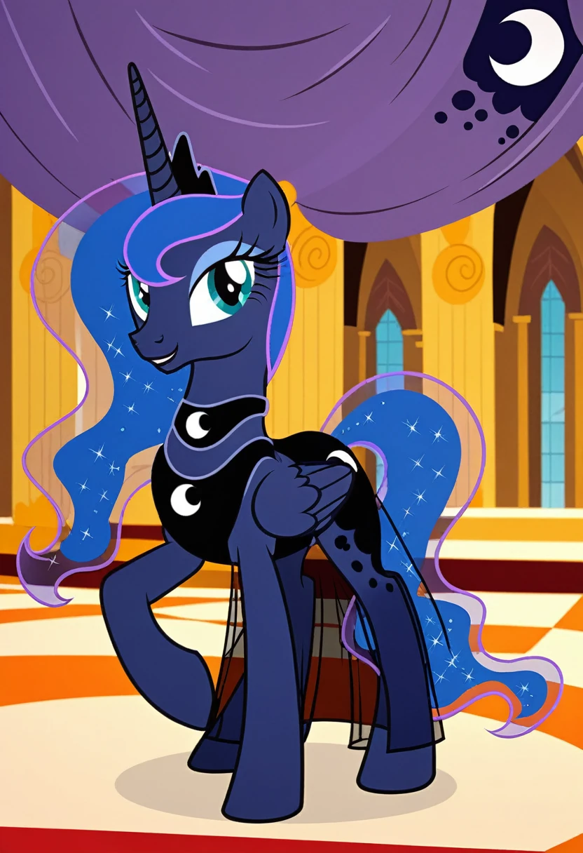 vibrant colors, 8K, high resolution, highly detailed, masterpiece, ((my little pony)), (black striped white hair), (pale white body), (gray eyes), standing, big breasts, beautiful body, purple lips, thong, slave, short patterned skirt, light top, ((slut pose on wall)), street, showing pussy, panties aside