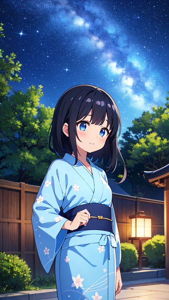 A black-haired girl pointing at the starry sky of Tanabata。She is wearing a light blue yukata with a summery blue and white pattern.、Distant starry sky。A girl in the distance。