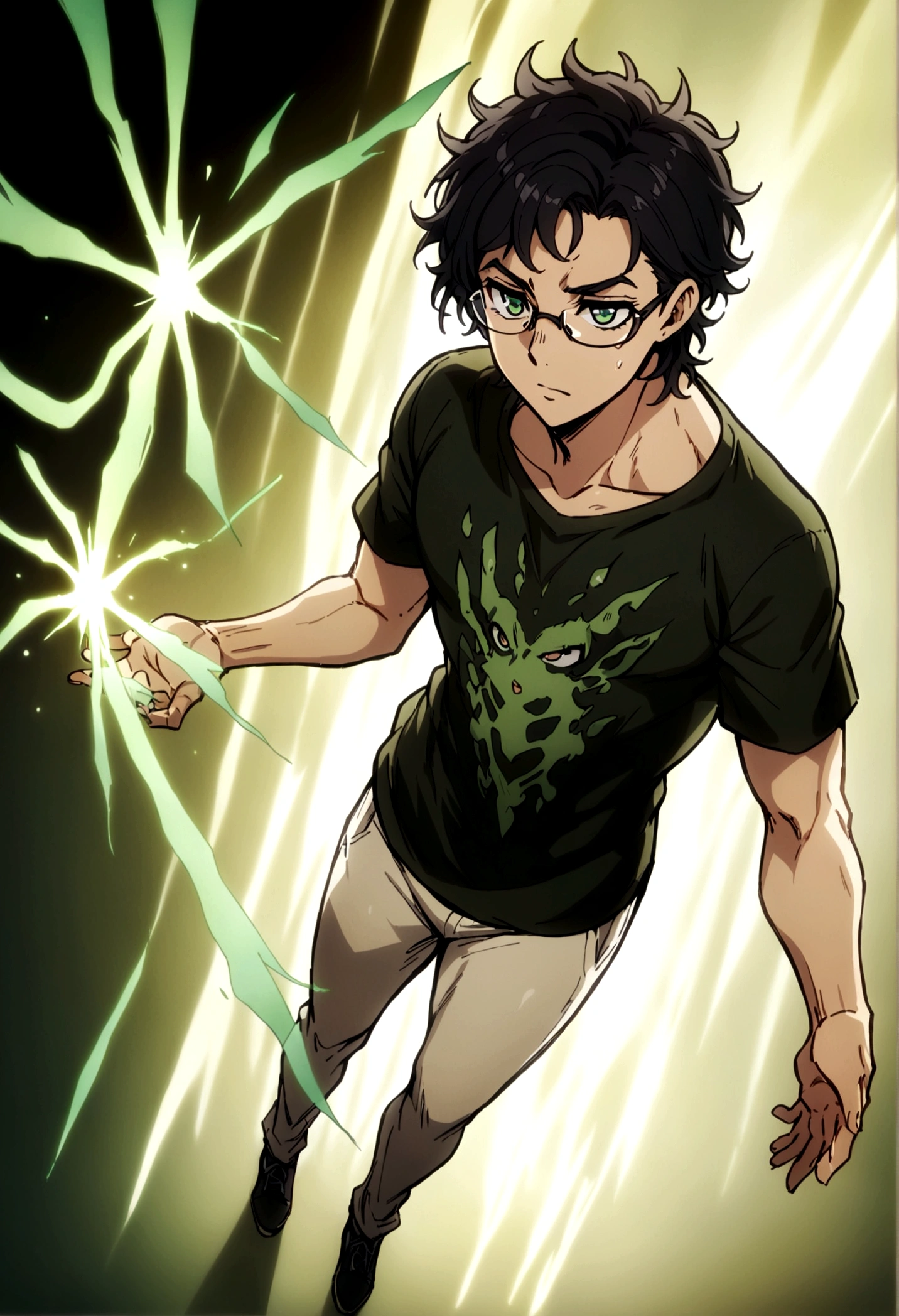 fullbody,masterpiece,standing,tshirt,black curly short hair,green eyes,(bangs),adult,1boy,solo,light stuble,glasses,white background