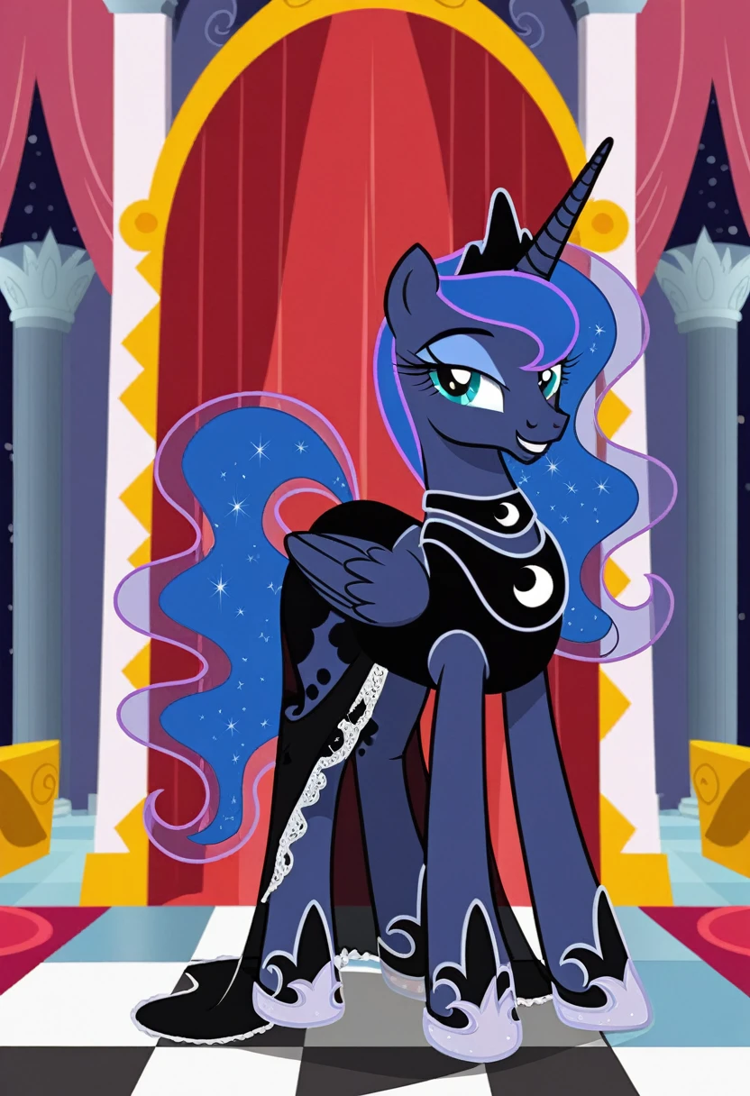 Pony . Black see trough dress with black choker, Princess Luna smiling 