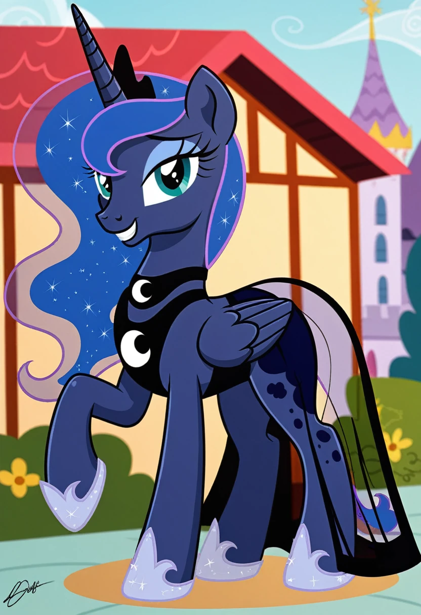 Pony . Black see trough dress with black choker, Princess Luna smiling