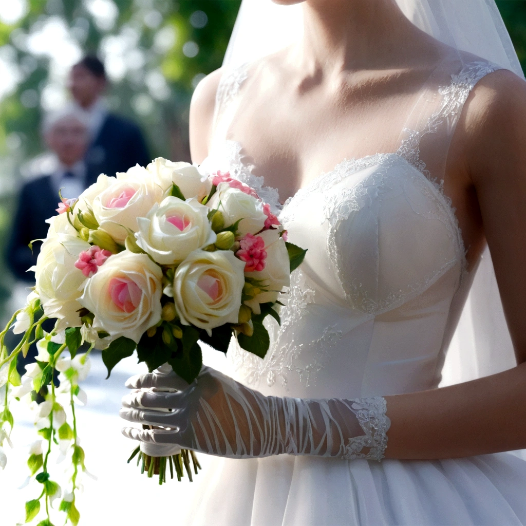 cinematographic style, cinematography, Tyndall effect, Bride with bouquet, wearing a pristine white wedding dress, close up, raytraced, rim lighting, hard shadow, (best quality,4k,8k,highres,masterpiece:1.2),ultra-detailed,(realistic,photorealistic,photo-realistic:1.37),UHD,studio lighting,ultra-fine painting,sharp focus,physically-based rendering,extreme detail description,professional,vivid colors,bokeh, film grain